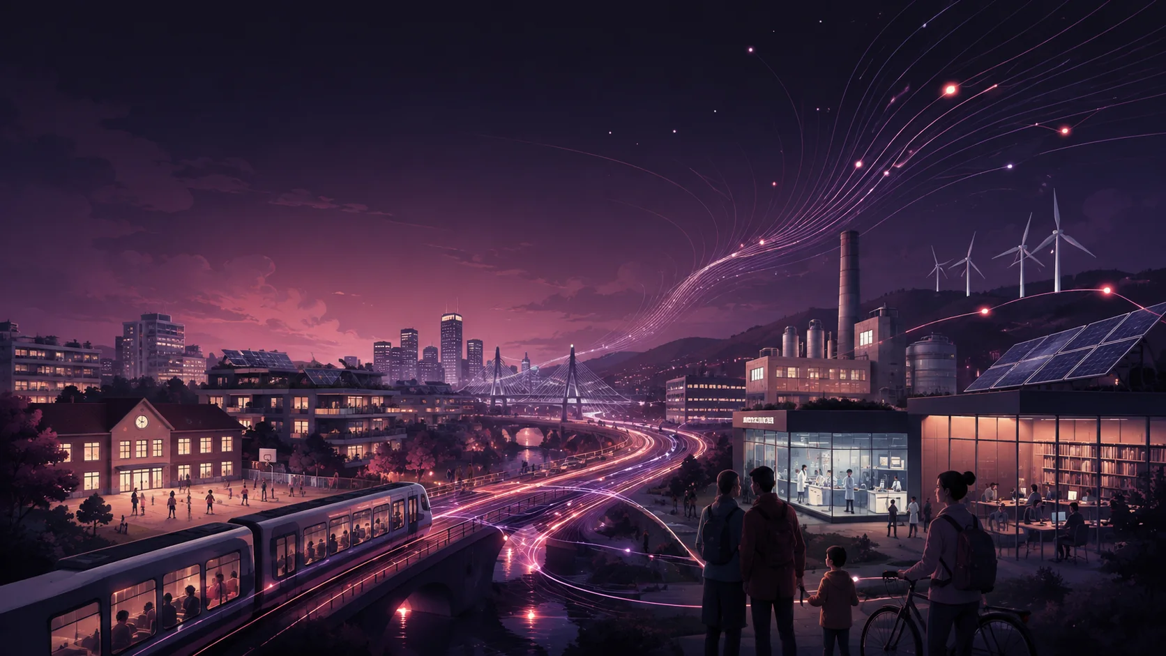 Vernetzte Stadt mit öffentlicher Infrastruktur, Energie, Forschung, Bildung und Verkehr.
