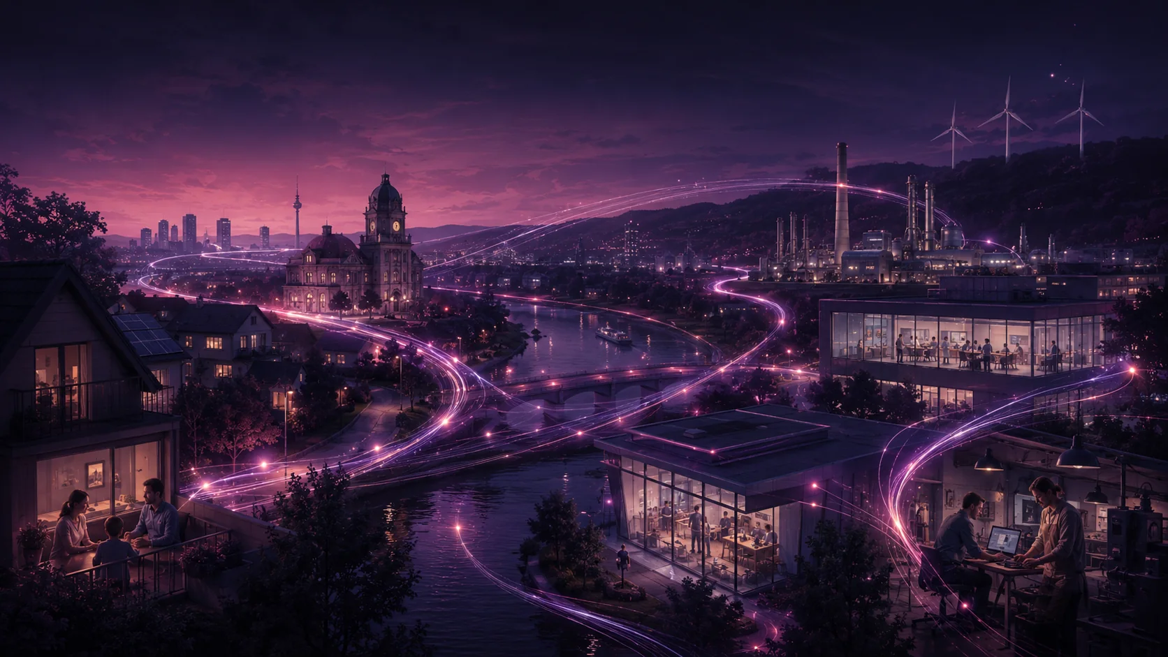 Vernetzte Stadt mit Haushalten, Unternehmen, Infrastruktur und Kapitalströmen.